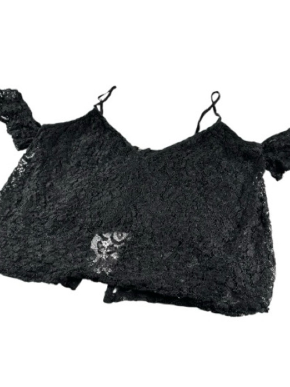 GUESS Black Lace Off Shoulder Crop Top Sheer Flutter Sleeve L Y2K Romantic
